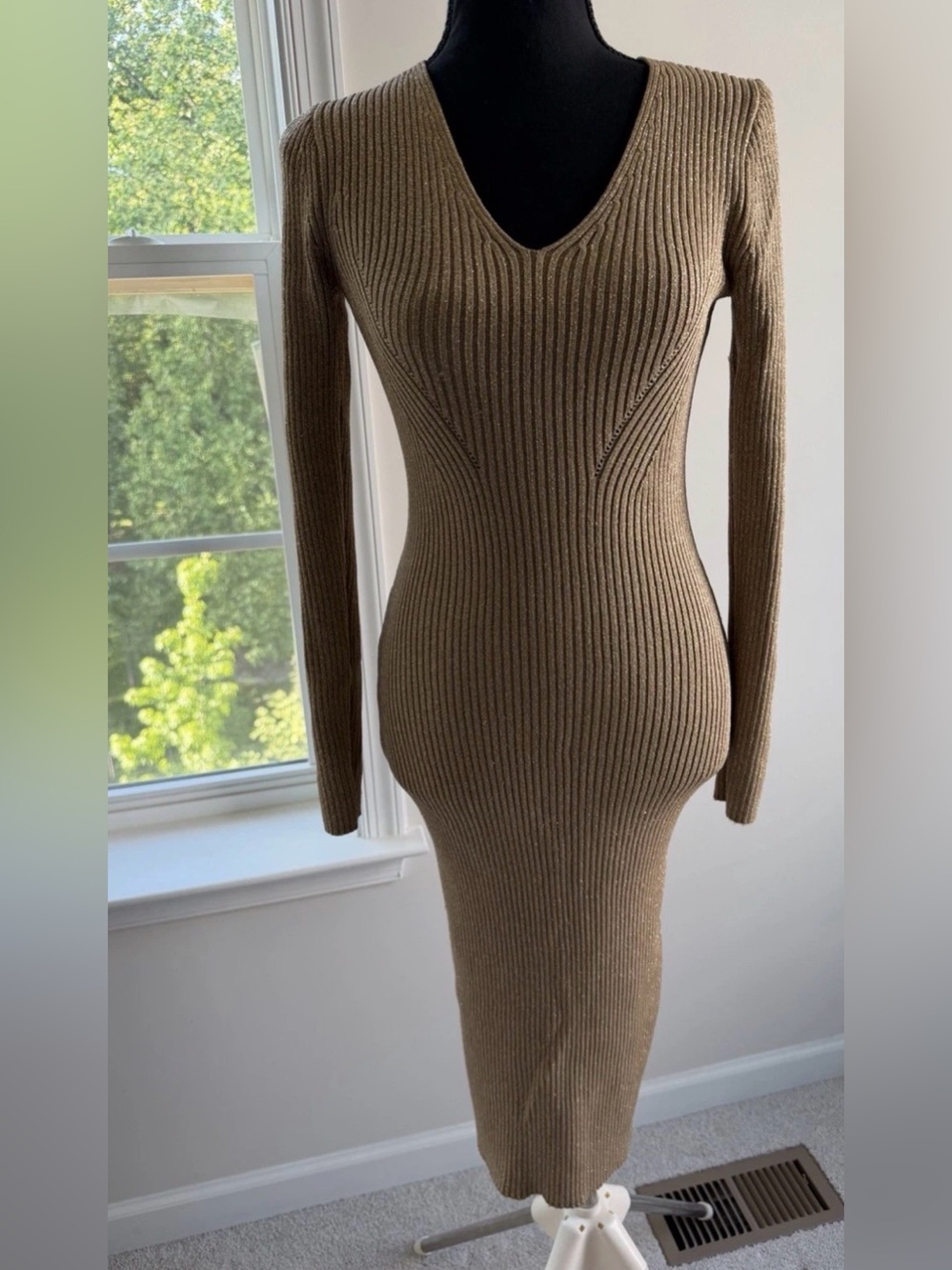 Ribbed V-Neck Long Sleeve Midi Dress in Camel